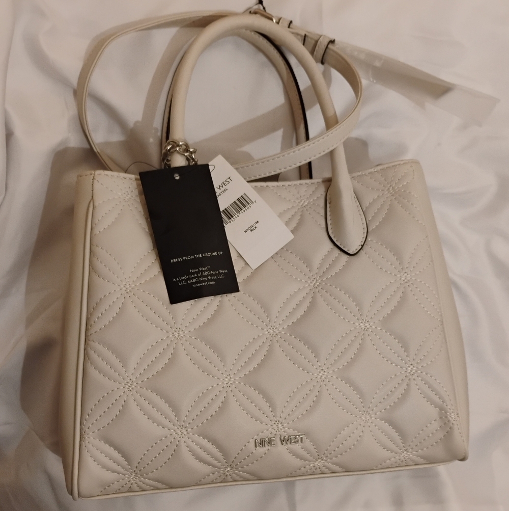 Nine West Quilted Tote Bag Cream Crossbody Satchel NWT